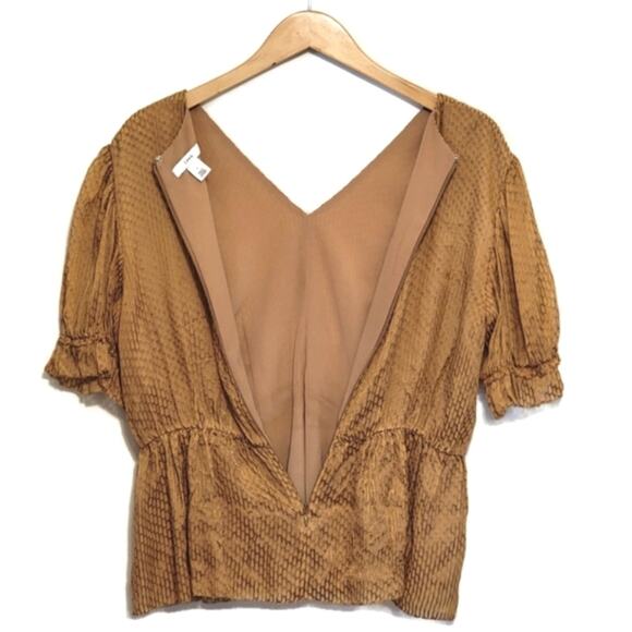 Lewit Silk V Neck Short Sleeve Tan Gold Peplum Blouse Size S - Picture 8 of 13